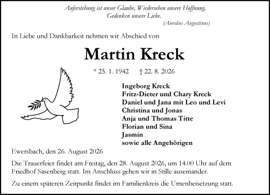 Traueranzeige von Martin Kreck von Dill Block