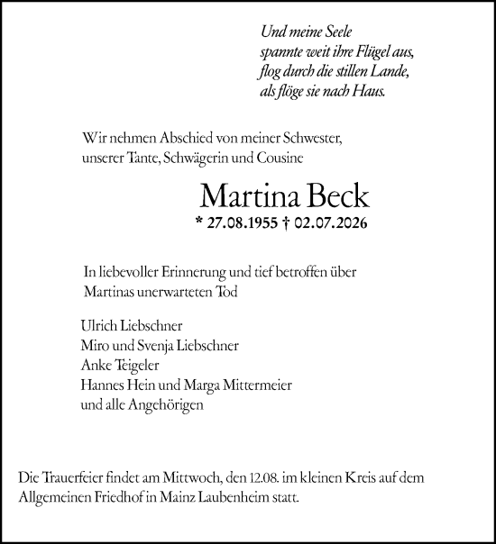 Traueranzeige von Martina Beck von Allgemeine Zeitung Mainz