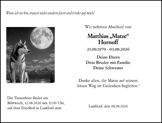 Traueranzeige von Matthias Hornoff von Wetzlarer Neue Zeitung