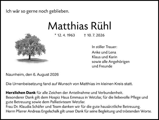 Traueranzeige von Matthias Rühl von Wetzlarer Neue Zeitung