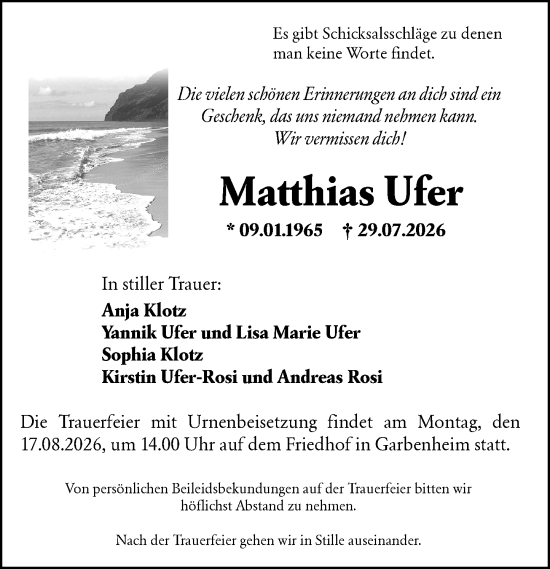 Traueranzeige von Matthias Ufer von Wetzlarer Neue Zeitung
