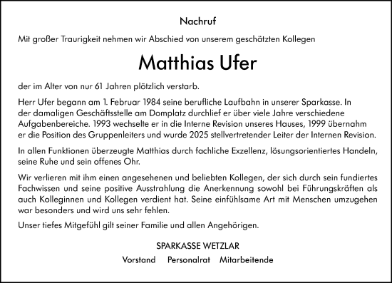 Traueranzeige von Matthias Ufer von Wetzlarer Neue Zeitung