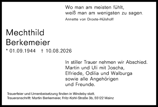 Traueranzeige von Mechthild Berkemeier von Allgemeine Zeitung Rheinhessen-Nahe