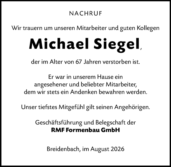 Traueranzeige von Michael Siegel von Hinterländer Anzeiger