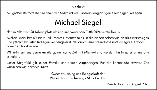 Traueranzeige von Michael Siegel von Hinterländer Anzeiger