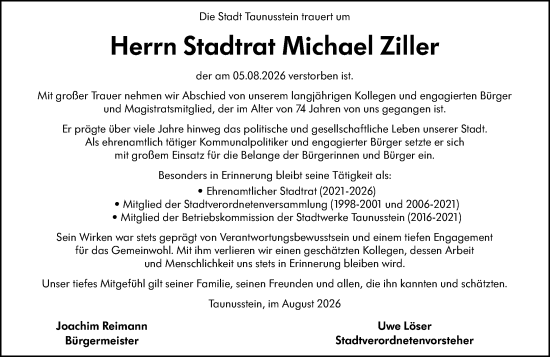 Traueranzeige von Michael Ziller von Wiesbadener Kurier