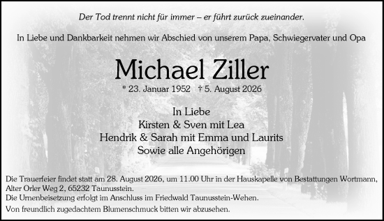 Traueranzeige von Michael Ziller von Wiesbadener Kurier
