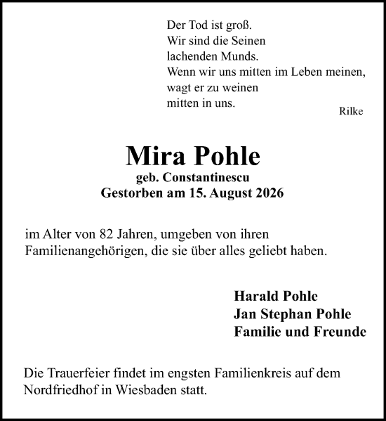 Traueranzeige von Mira Pohle von Wiesbadener Kurier