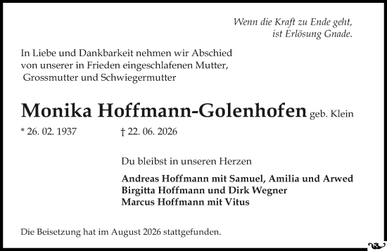 Traueranzeige von Monika Hoffmann-Golenhofen von Allgemeine Zeitung Mainz