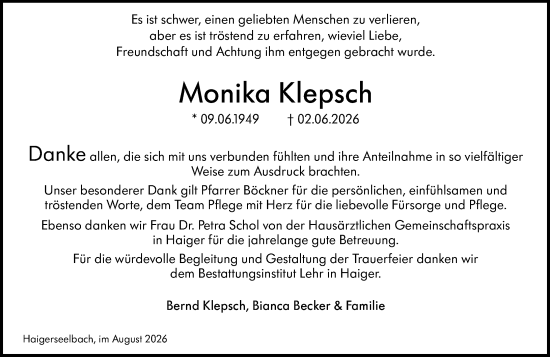 Traueranzeige von Monika Klepsch von Dill Block