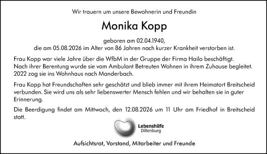 Traueranzeige von Monika Kopp von Dill Block