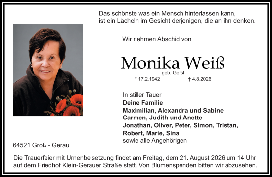 Traueranzeige von Monika Weiß von Groß-Gerauer Echo