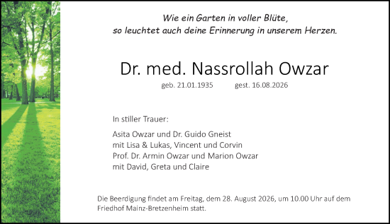 Traueranzeige von Nassrollah Owzar von Allgemeine Zeitung Mainz