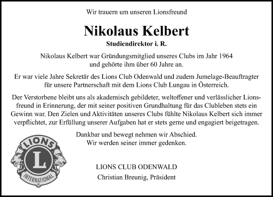 Traueranzeige von Nikolaus Kelbert von Odenwälder Echo