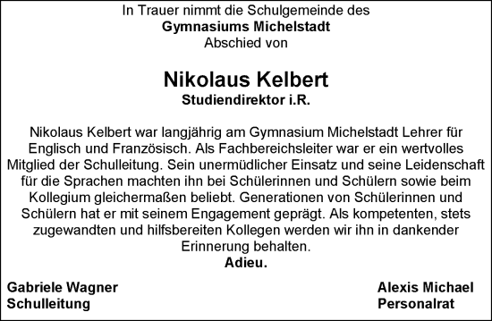 Traueranzeige von Nikolaus Kelbert von Odenwälder Echo
