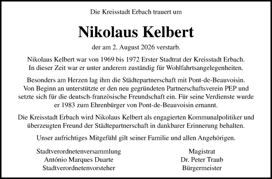 Traueranzeige von Nikolaus Kelbert von Odenwälder Echo