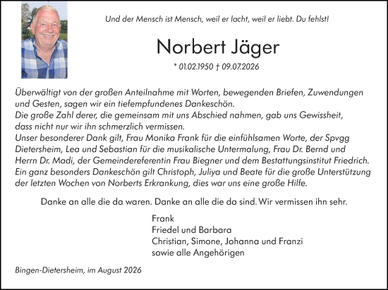 Traueranzeige von Norbert Jäger von Binger-/Ingelheimer Wochenblatt