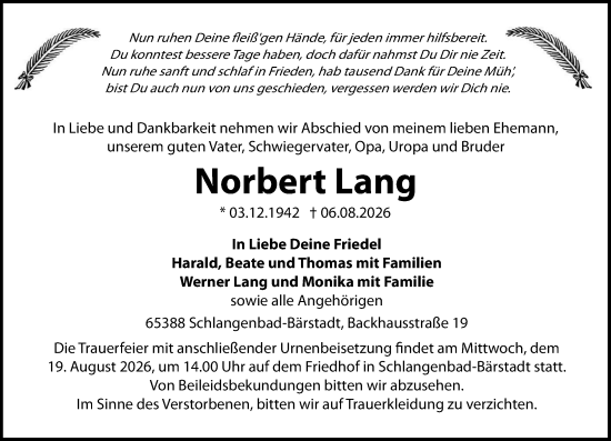 Traueranzeige von Norbert Lang von Wiesbadener Kurier