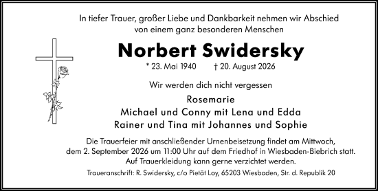 Traueranzeige von Norbert Swidersky von Wiesbadener Kurier