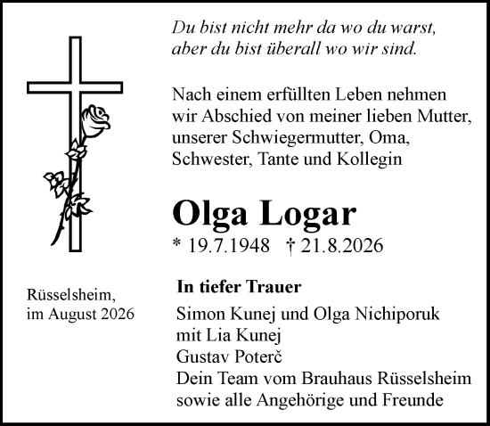 Traueranzeige von Olga Logar von Rüsselsheimer Echo