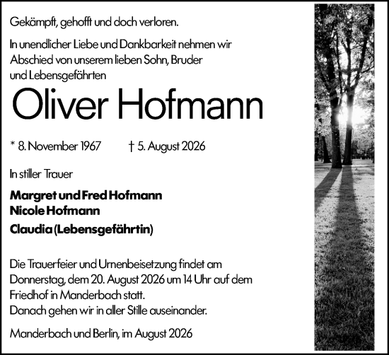 Traueranzeige von Oliver Hofmann von Dill Block