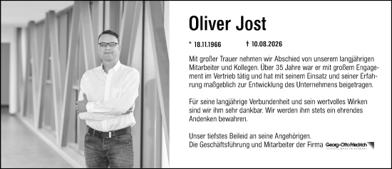 Traueranzeige von Oliver Jost von Dieburger Anzeiger/Groß-Zimmerner Lokal-Anzeiger