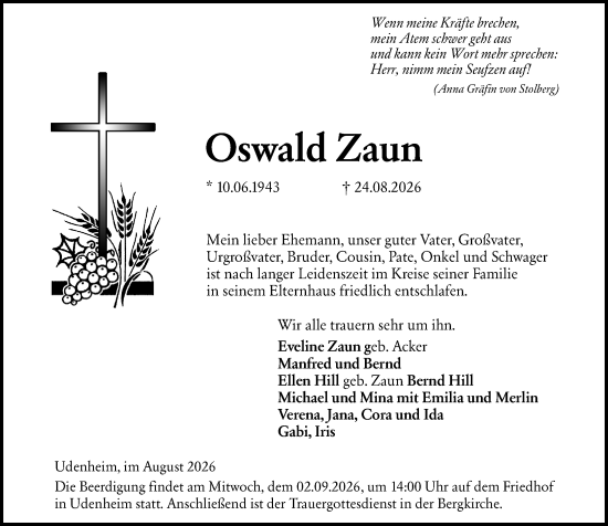 Traueranzeige von Oswald Zaun von Allgemeine Zeitung Alzey