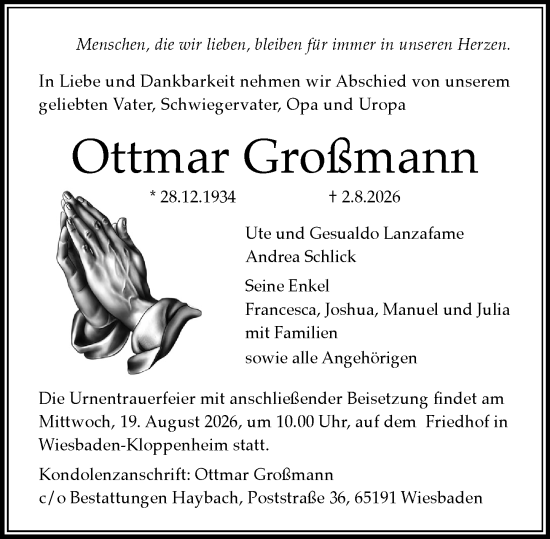 Traueranzeige von Ottmar Großmann von Wiesbadener Kurier
