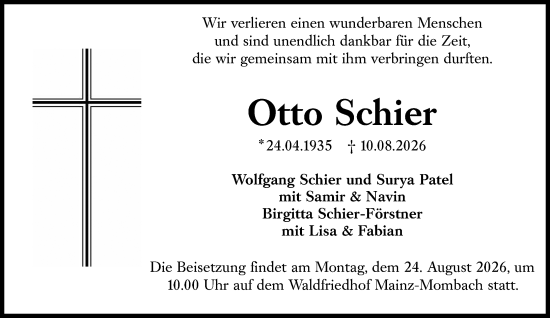 Traueranzeige von Otto Schier von Allgemeine Zeitung Mainz