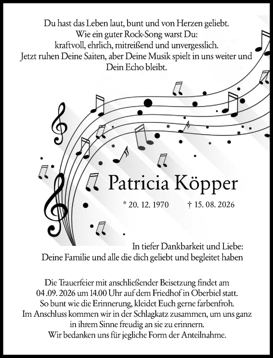 Traueranzeige von Patricia Köpper von Wetzlarer Neue Zeitung