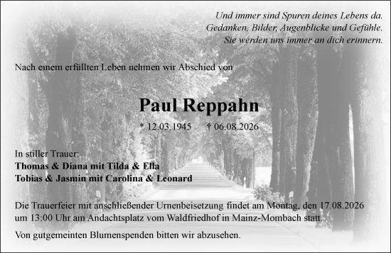 Traueranzeige von Paul Reppahn von Allgemeine Zeitung Mainz