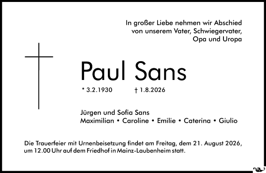Traueranzeige von Paul Sans von Allgemeine Zeitung Mainz