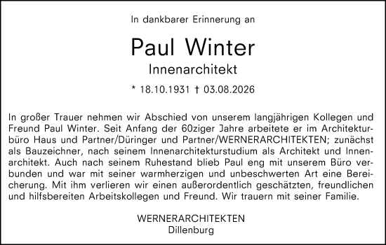 Traueranzeige von Paul Winter von Dill Block