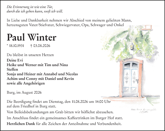 Traueranzeige von Paul Winter von Dill Block