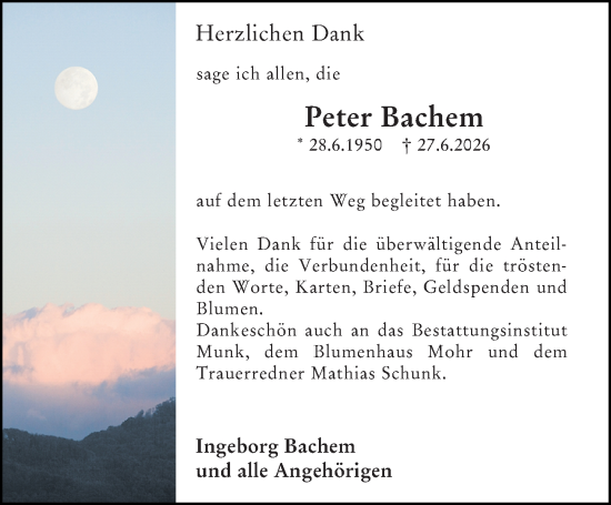 Traueranzeige von Peter Bachem von Hochheimer Zeitung
