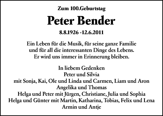 Traueranzeige von Peter Bender von Darmstädter Echo