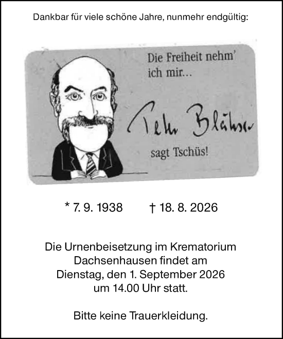 Traueranzeige von Peter Blähser von Hochheimer Zeitung