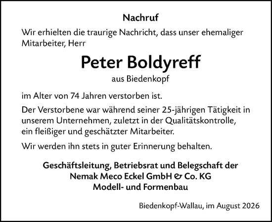 Traueranzeige von Peter Boldyreff von Hinterländer Anzeiger