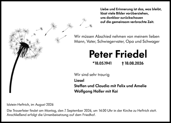 Traueranzeige von Peter Friedel von Idsteiner Land/Untertaunus