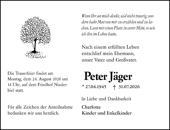 Traueranzeige von Peter Jäger von Wetzlarer Neue Zeitung