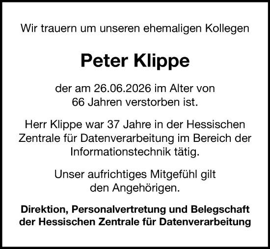 Traueranzeige von Peter Klippe von Wiesbadener Kurier