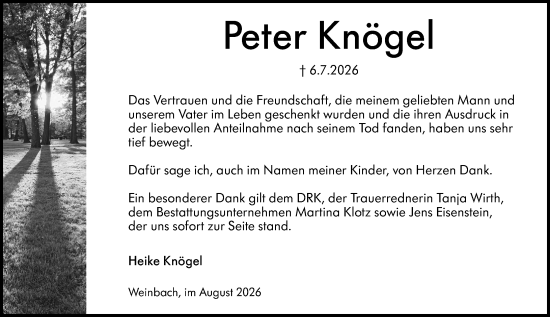 Traueranzeige von Peter Knögel von Weilburger Tageblatt