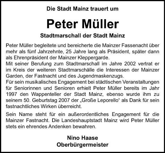 Traueranzeige von Peter Müller von Allgemeine Zeitung Mainz