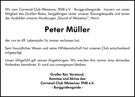 Traueranzeige von Peter Müller von Allgemeine Zeitung Mainz