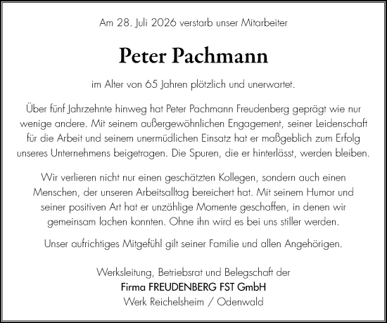 Traueranzeige von Peter Pachmann von Odenwälder Echo