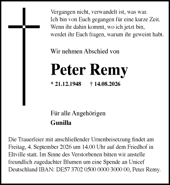 Traueranzeige von Peter Remy von Rheingau Kurier