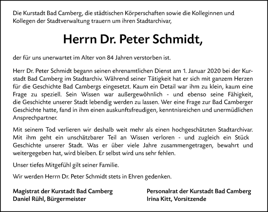 Traueranzeige von Peter Schmidt von Camberger Anzeiger