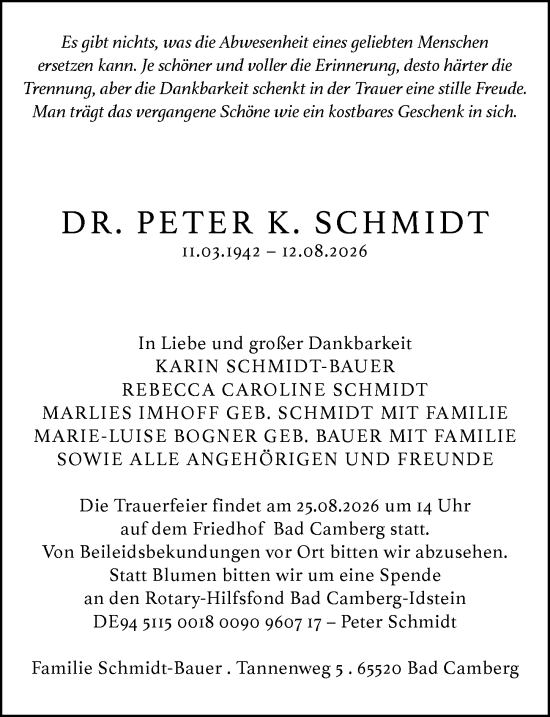 Traueranzeige von Peter K. Schmidt von Camberger Anzeiger
