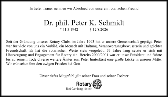 Traueranzeige von Peter K. Schmidt von Camberger Anzeiger