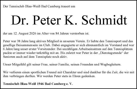 Traueranzeige von Peter K. Schmidt von Camberger Anzeiger